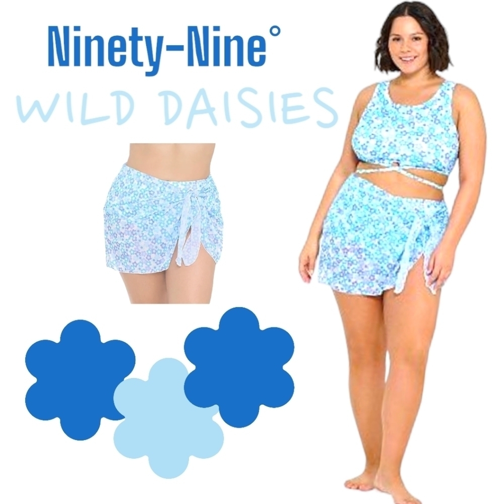 Ninety-Nine Degrees Juniors Wrap Sarong Swim Cover-up Blue Wild Daisies OSFM NWT